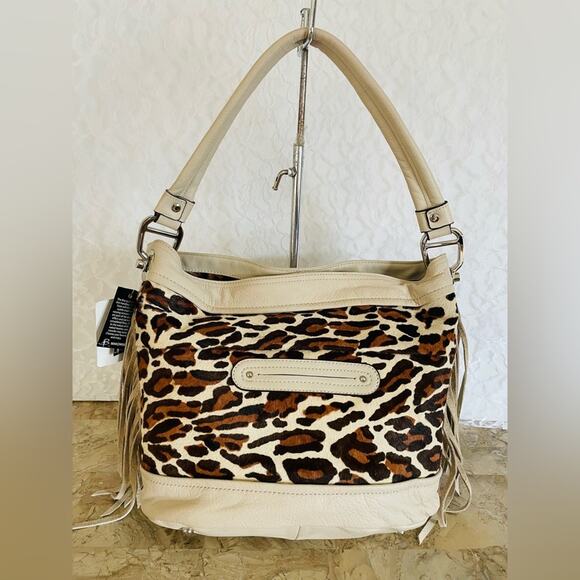 NWT B. Makowsky stone leopard bucket hobo tote shoulder bag - Picture 2 of 10